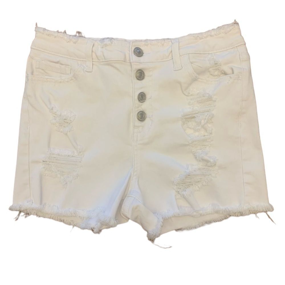 Vervet Flying Monkey Optic White Super High-Rise Distressed Button-Fly Shorts 27